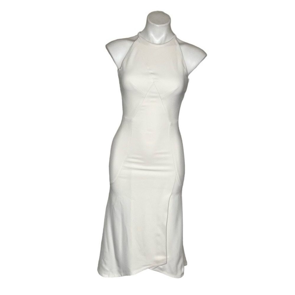 ROLAND MOURET Ivory Cocktail Dress Bodycon Keyhole Back Gold Zipper US Size 2